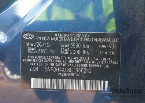 2016 Hyundai Elantra Se from USA, damaged, VIN 5NPDH4AE8GH666242